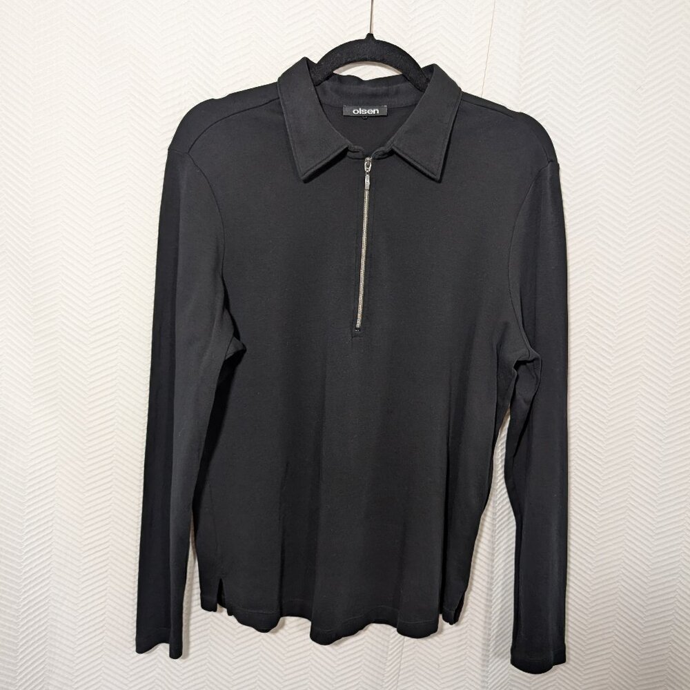 Olsen Black Zip Front Long Sleeve Top Collared Cotton M to L 12 Elevated Basics